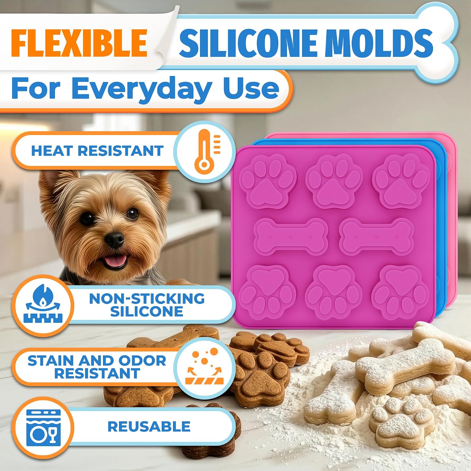 3 Pcs Dog Treat Molds Silicone, Bone & Paw Shapes, Non-Stick