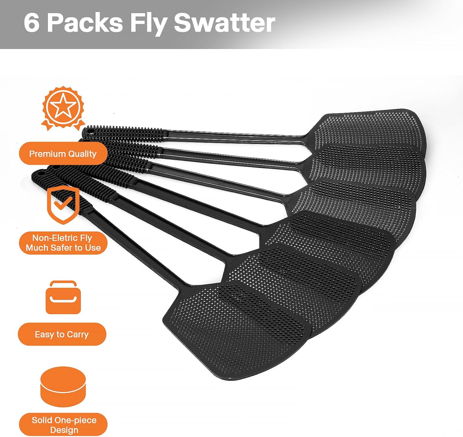 Fly Swatters-Begonia Flexible Heavy Duty Thick Fly Swatters with Bigger Paddle, Black 6 Pack