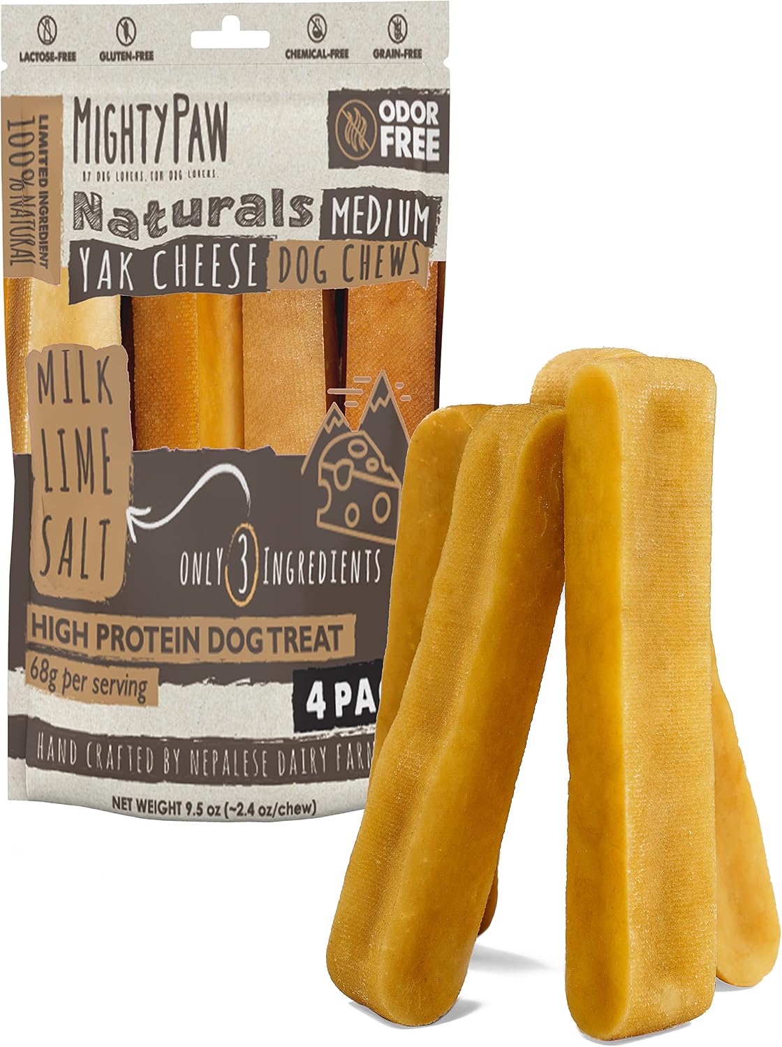 Mighty Paw Yak Cheese Chews for Dogs, All-Natural Himalayan, Medium, 4 Pack
