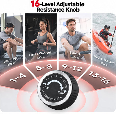 Quiet Magnetic Rowing Machine for Home, 350 lbs Capacity,16 Levels