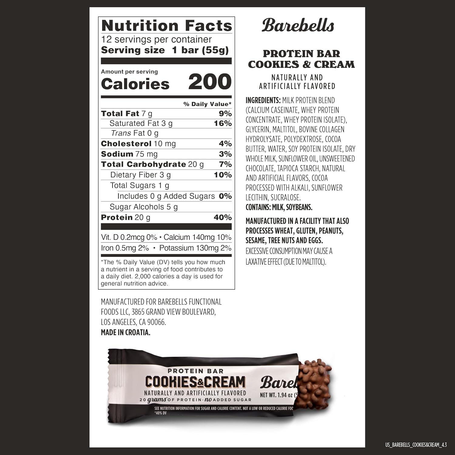 Barebells Protein Bars Cookies & Cream - 12 Count, 20g High Protein Treats - Chocolate Nutrition Bar with 1g Total Sugars - On-The-Go Breakfast or Post-Workout Snack