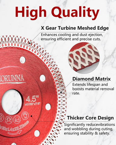 ZORUNNA 5Pcs 4.5" Diamond Saw Blades, Tile Cutting Blade for Angle Grinder