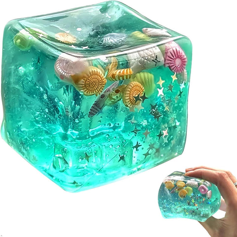 Ice Cube Cube Fidget Toys - Sensory Toys for Adult with Real Sea Shells, Squishy Fidget Toy for ADHD, Anxiety Relief | Non-Toxic Squeeze Ball for Focus & Calm for School, Office