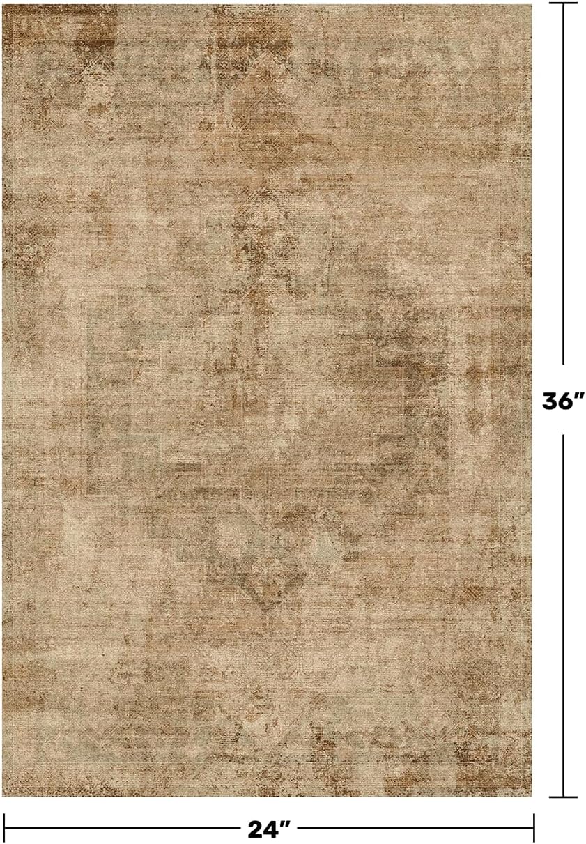 Washable 2x3 Small Entryway Rugs Indoor, Gold and Brown Area Rug for Kitchen, Bathroom, Farmhouse Medallion Indoor Décor, Non Slip Low Pile Stain Resistant Carpet, Distressed Design