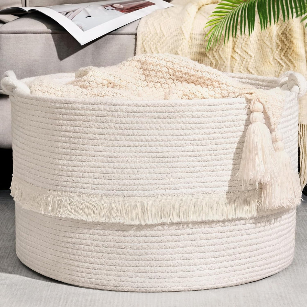 67L Large Blanket Basket, 20"x13" Woven Storage Baskets With Handle, Cotton Rope Blanket Basket Living Room, Baby Laundry hamper for Blanket, Nursery, Toy, Pillow (White)