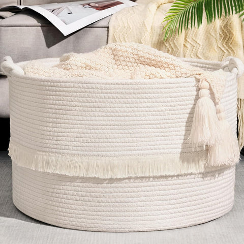 67L Large Blanket Basket, 20"x13" Woven Storage Baskets With Handle, Cotton Rope Blanket Basket Living Room, Baby Laundry hamper for Blanket, Nursery, Toy, Pillow (White)