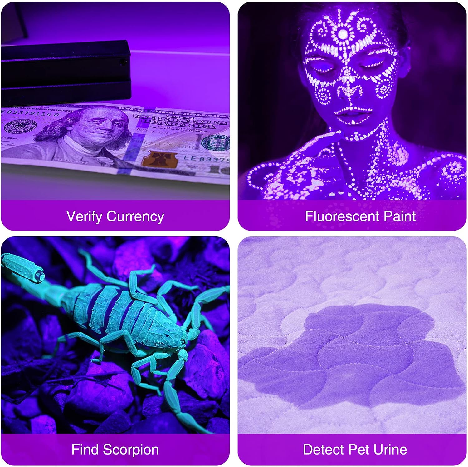 COSOOS 4 Pack Blacklight Flashlights, 395nm UV Handheld Black Light Flashlight, 12LED Mini Portable Pet Urine Detector for Dog Cat Urine, Scorpions, Dry Stains, Bed Bugs(Silver)