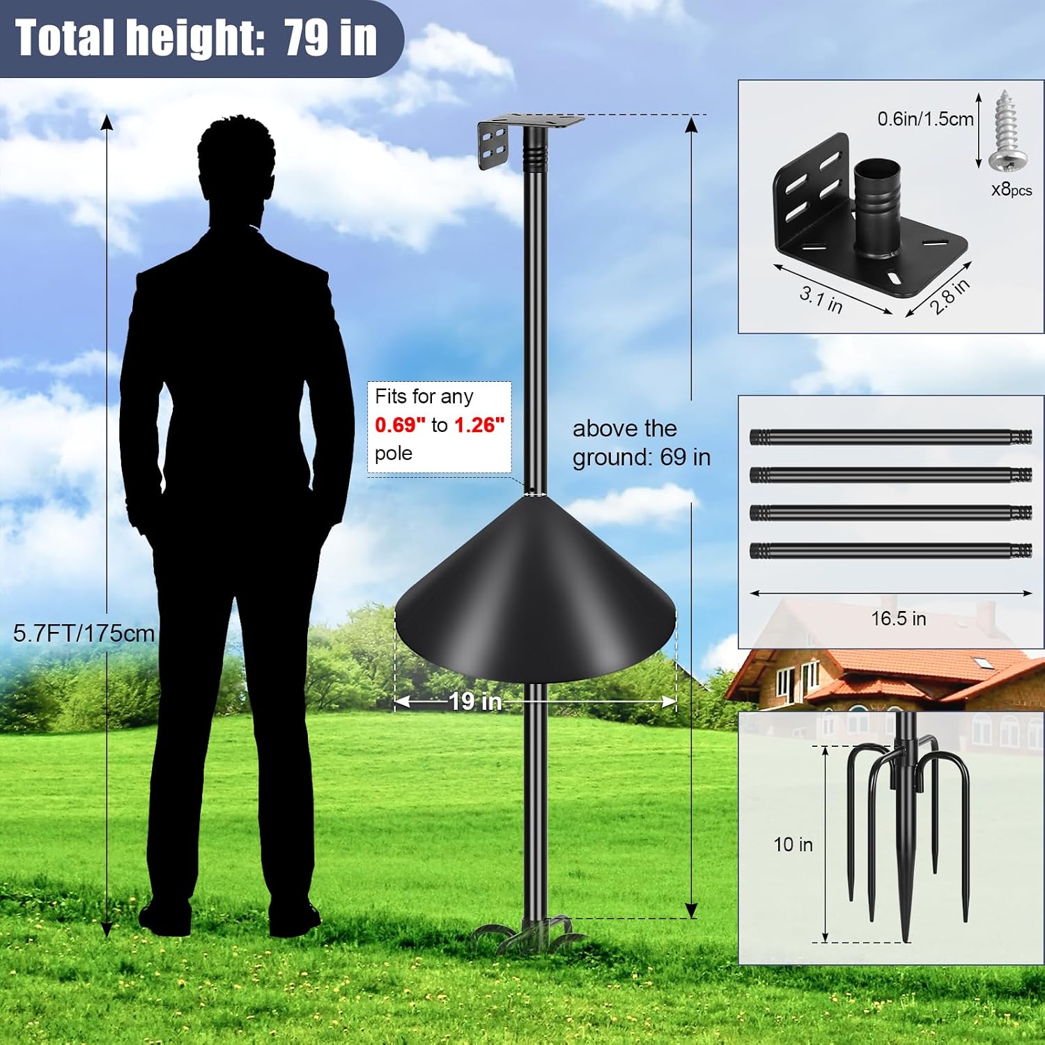 Gtongoko Smart Bird Feeder Pole Squirrel Proof 1-Inch Dia 79 Inch Bluebird House Pole for Outdoors Squirrel Baffles for Feeders Weather Station Heavy Duty Metal Mounting Kit Black