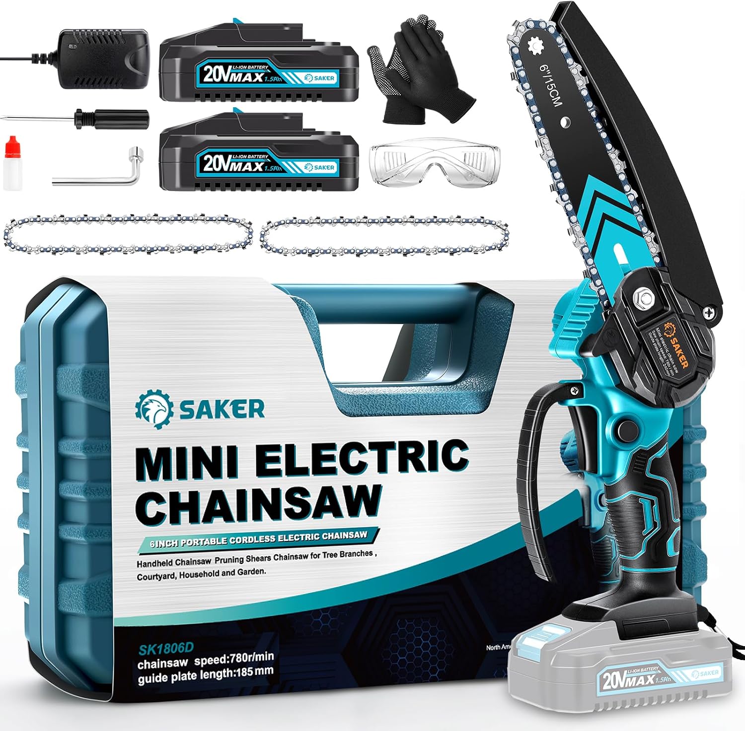 Saker Mini Chainsaw,6 Inch Electric Chainsaw Cordless with 2 Batteries Blue