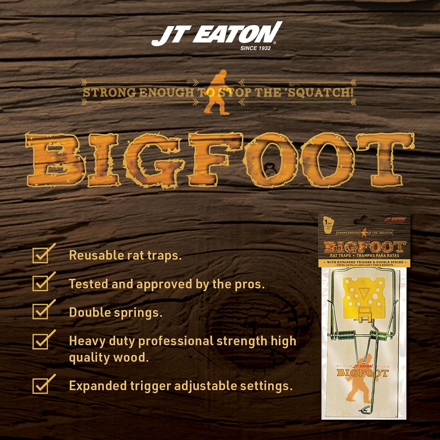 BIGFOOT Rat Size Snap Trap with Expanded Trigger – Heavy-Duty Wooden Rat Trap with Adjustable Sensitivity for Effective Rodent Control