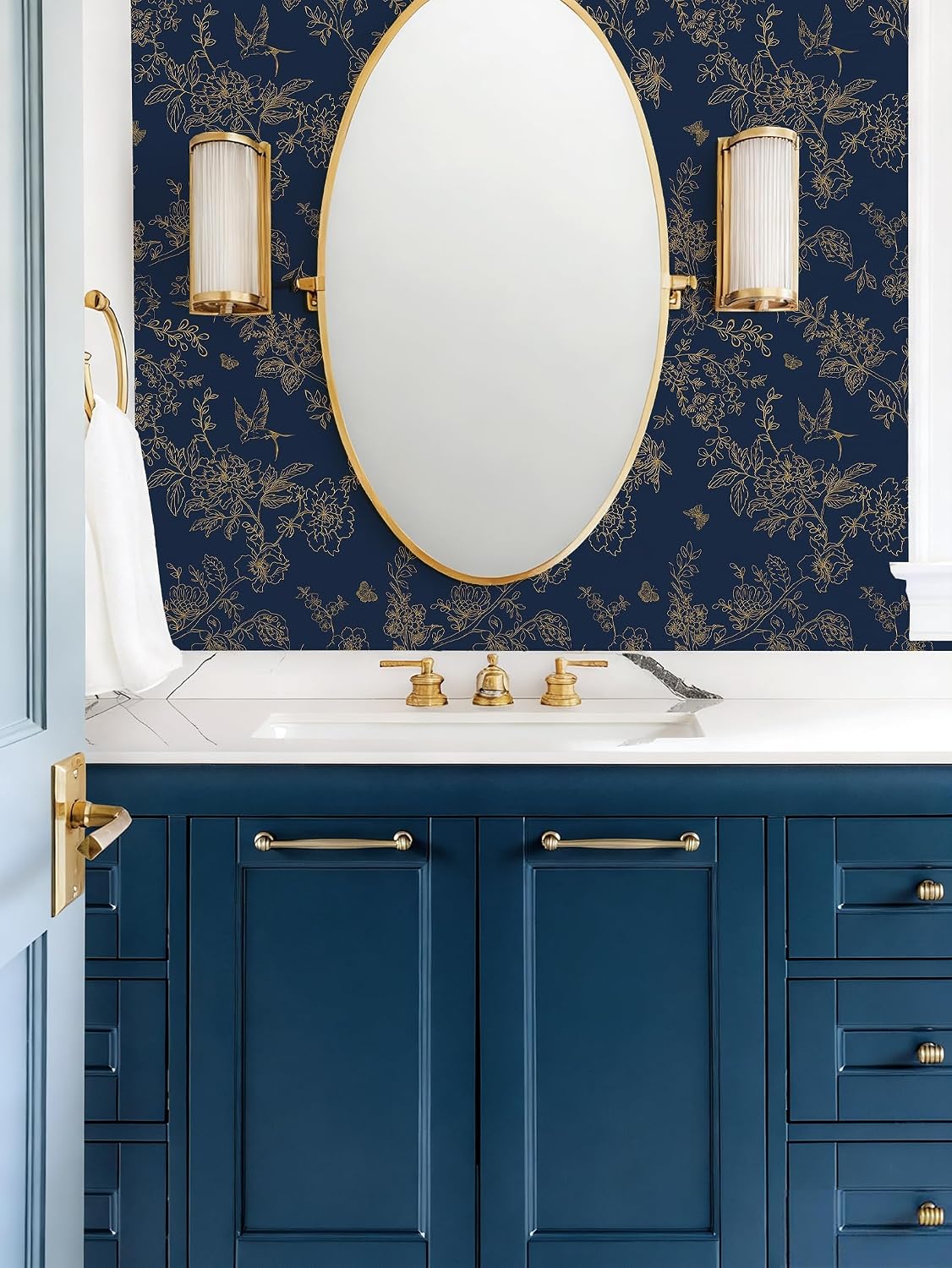Froluya Dark Blue Peel and Stick Wallpaper Vintage Floral 17.7in×590.5in
