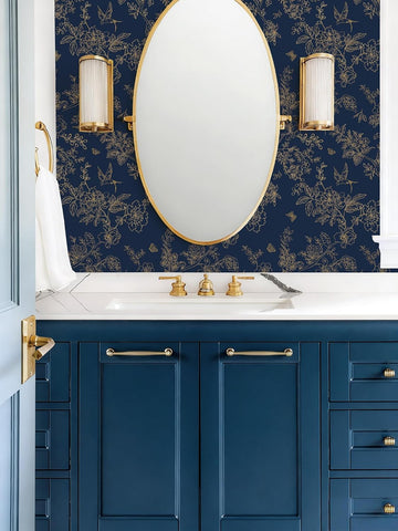 Froluya Dark Blue Peel and Stick Wallpaper Vintage Floral 17.7in×590.5in