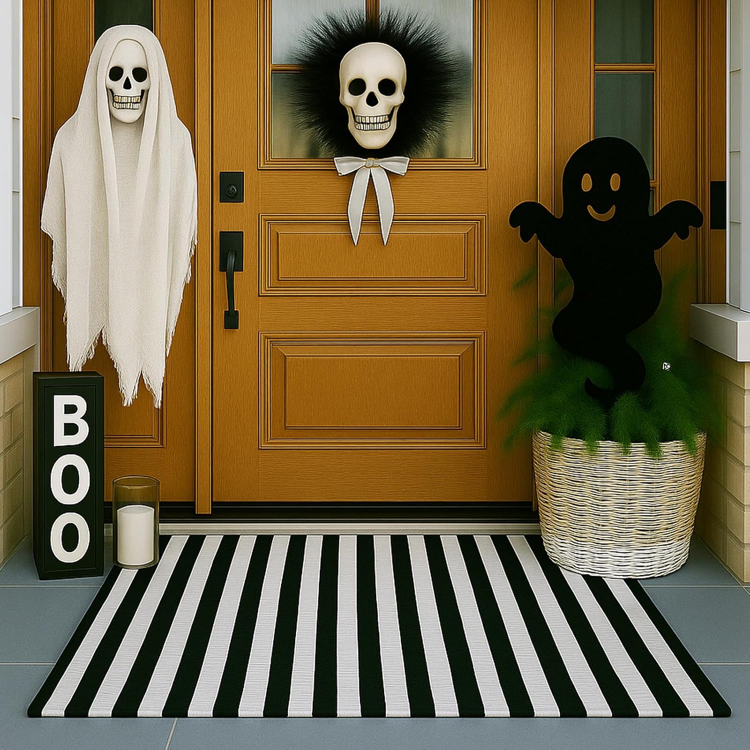 Moucuny 2' X 3' Black and White Halloween Vertical Stripe Outdoor Rug