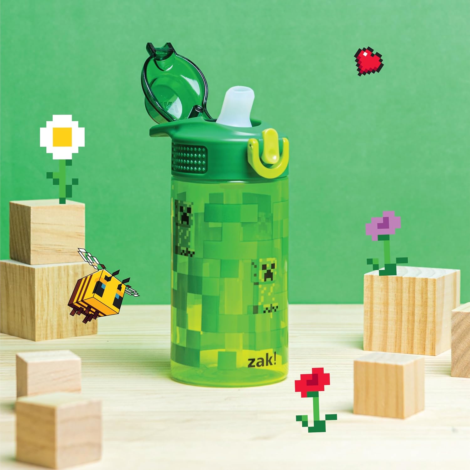 Zak Designs Minecraft Creeper Sage 16oz Leak-Proof Straw Kids Water Bottle