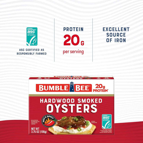 Bumble Bee Hot & Spicy Hardwood Smoked Oysters, 3.75 oz Tin (Pack of 12) - 20g Protein per Serving, Gluten Free, Keto