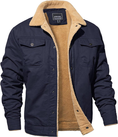 MAGNIVIT Men's Cotton Cargo Jacket Winter Sherpa Fleece Lined Work Jacket Coats with 5 Pockets