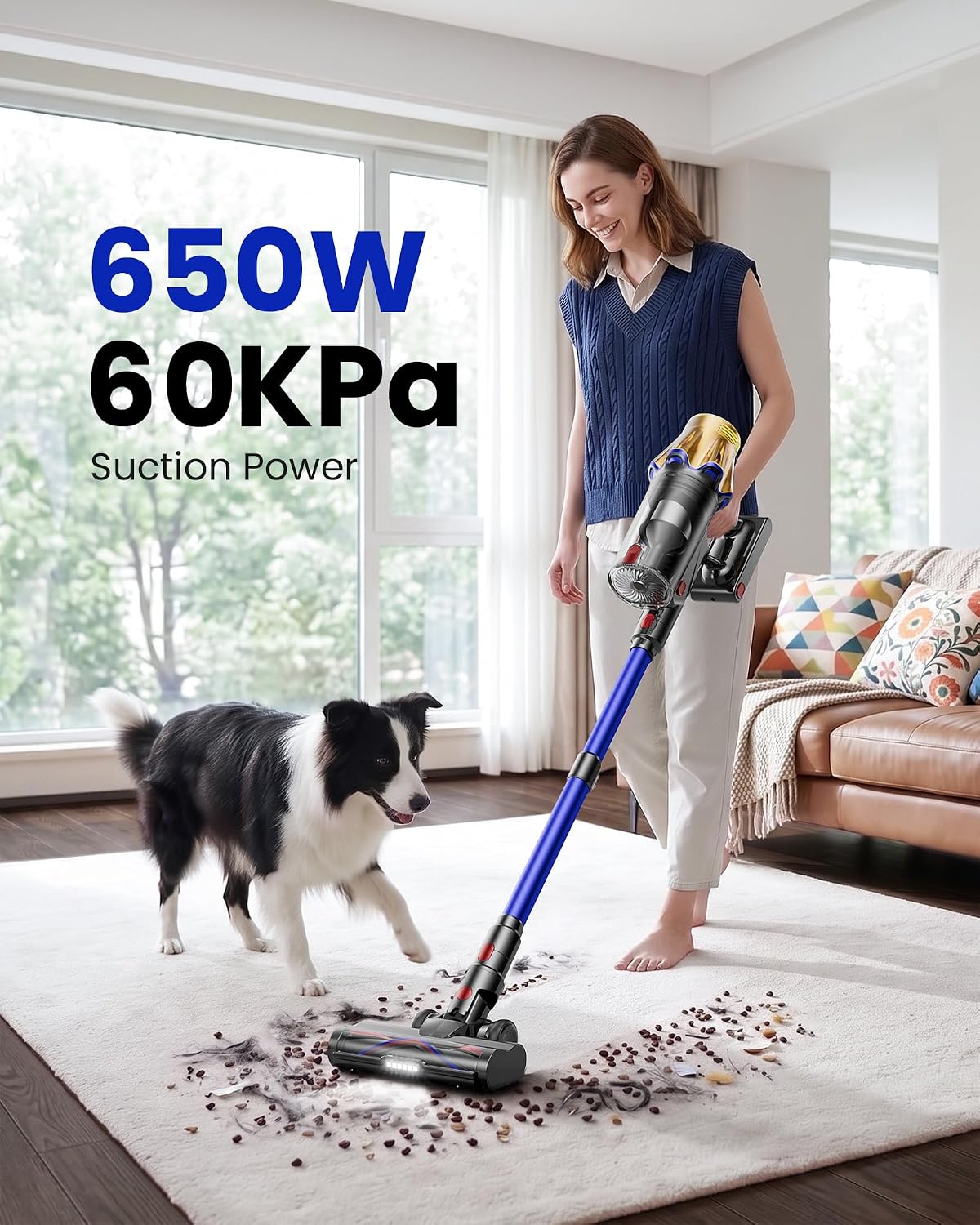 Cordless Vacuum Cleaner, Upgraded 650W 60KPA 70Mins Cordless Stick Vacuum Cleaner with Flexible Hose,Self-Standing,Touch Screen, Anti-tangle Wireless Vacuum Cleaners for Home/Pet Hair/Carpets/Floors