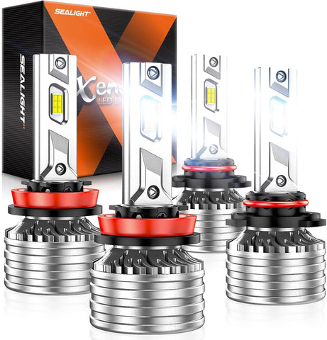 SEALIGHT 9005 H11 Bulbs, 240,000LM 17X Brightness, HB3 H8/H16/H9 6500K Cool White LED Bulbs, IP68 Waterproof 80000Hrs Lifespan, No Flickering, 1Mins Installation, 4 Pack
