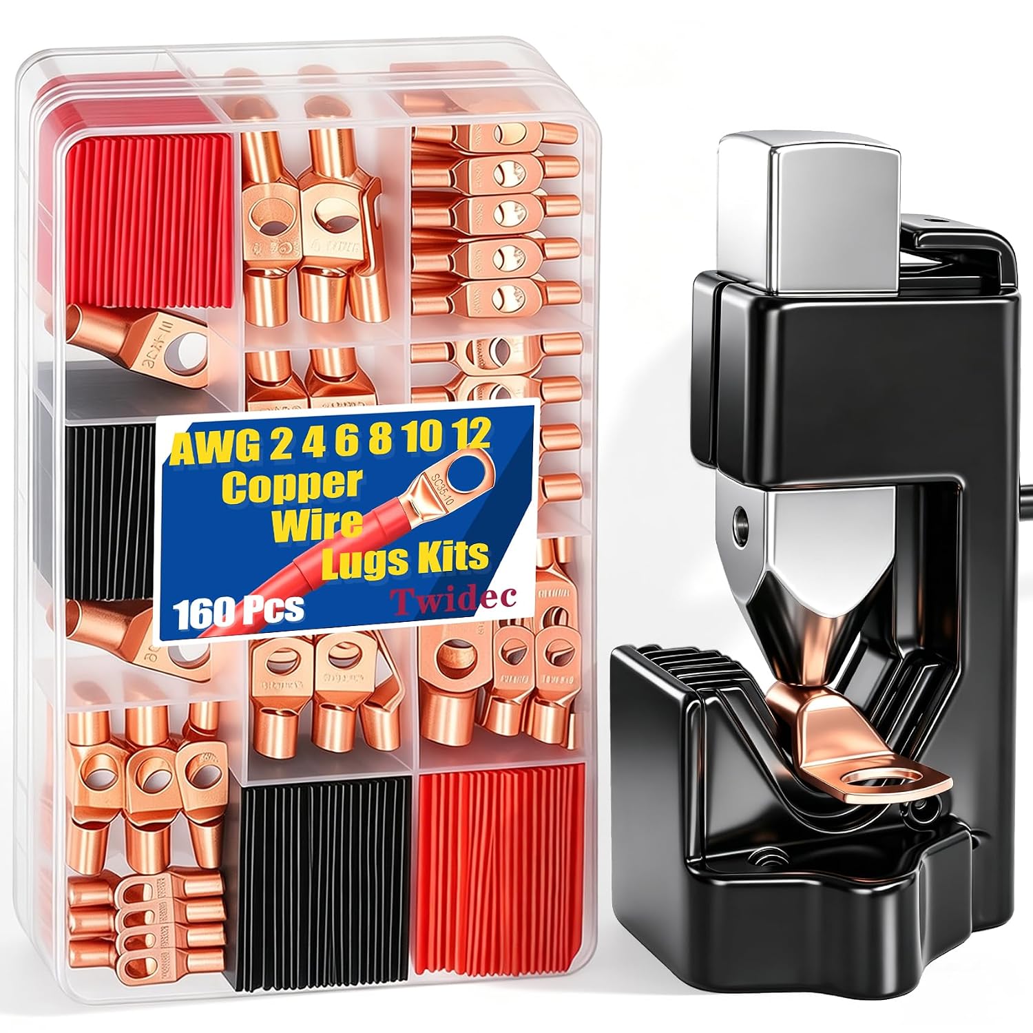 Twidec/160PCS Battery Cable Ends AWG 2 4 6 8 10 12 Gauge Copper Cable Wire Lugs,Ring Terminals Connectors,Copper Ring Terminals Connectors and Hammer Lug Crimper Tool 8 AWG to 0000 AWG