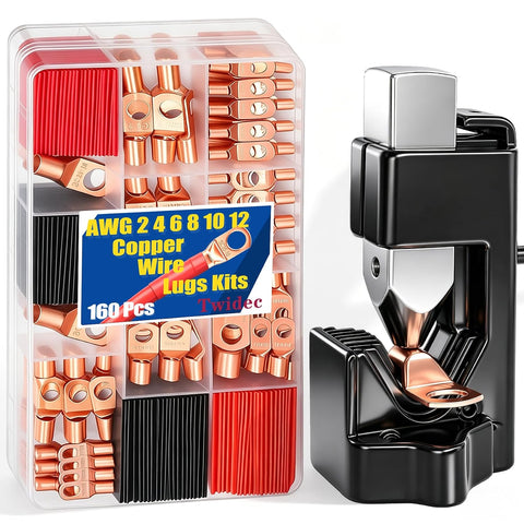 Twidec/160PCS Battery Cable Ends AWG 2 4 6 8 10 12 Gauge Copper Cable Wire Lugs,Ring Terminals Connectors,Copper Ring Terminals Connectors and Hammer Lug Crimper Tool 8 AWG to 0000 AWG