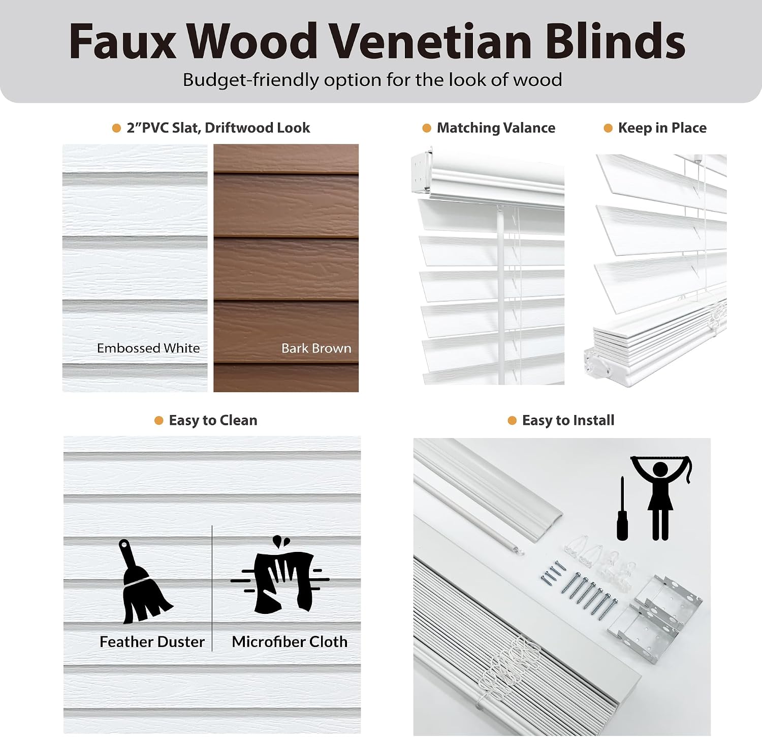 DEZ FURNISHINGS Cordless 2" Signature Faux Wood Blind, 30" W x 84" H, Embossed White
