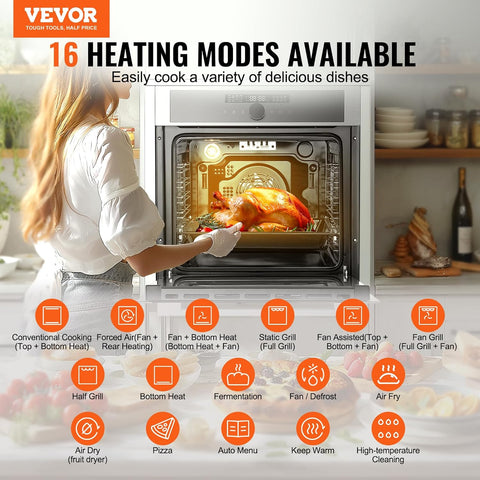 VEVOR Single Wall Oven, 24" Electric Built-in Wall Oven with 16 Cooking Functions, 2.68 Cu.Ft Electric Wall Ovens with Timer, 3150W 76L Large Capacity Ovens with Baking Rack and Tray, for Kitchen
