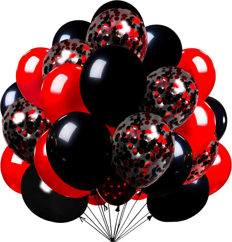 Firomi Red and Black Latex Balloons 12 Inch 70 pack Set (with 2 Ribbons)
