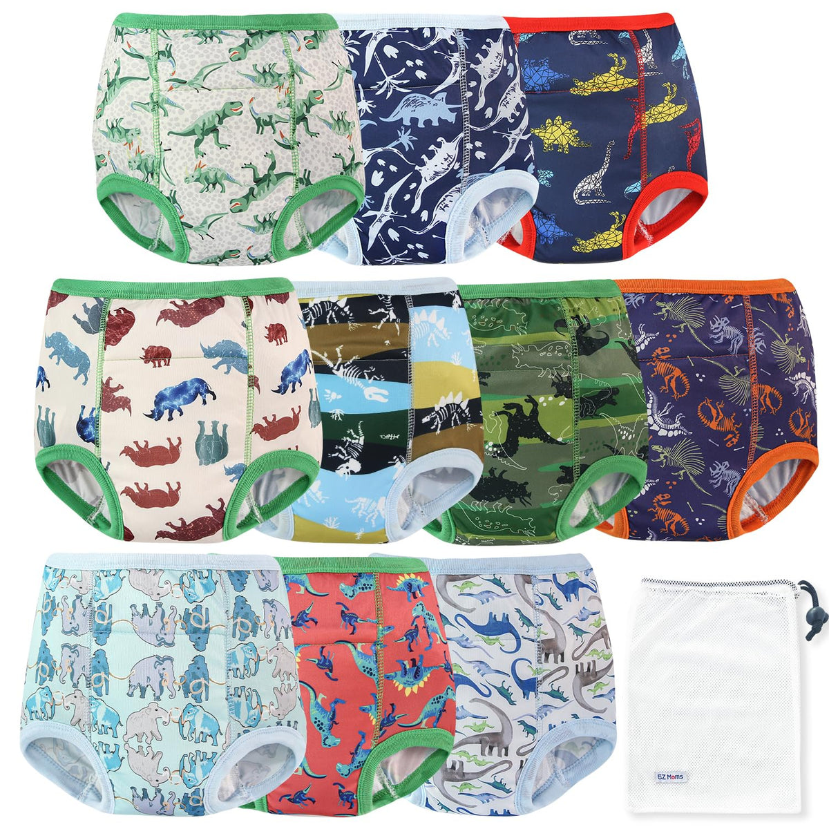 EZ Moms 10 Packs High Waist Potty Training Underwear for Boys Double Absorption Toddler Training Pants 3T-4T Reusable Dinosaur Toddler Underwear Boys 3T Kid Confident Pee Pants with a Laundry Bag