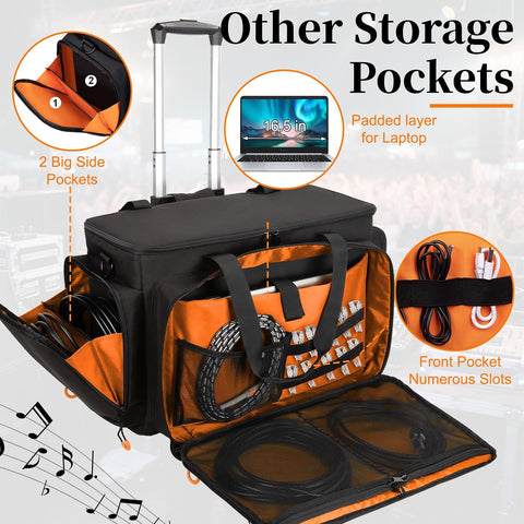 Large Rolling Dj Cable Bag with Detachable Dividers, Bottom Pad