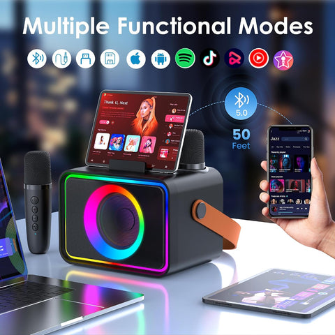 Karaoke Machine for Kids Adults,Portable Bluetooth Speaker with 2 Wireless Microphone with LED Lights, Karaoke Microphone with PA System Supports USB/TF/AUX,Gift for Party (Black)