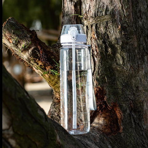 GOPPUS 32oz Clear Motivational Water Bottle with Straw & Time Marker, BPA Free Tritan Leakproof Sports Bottle, Wide Mouth Reusable Bottle for Gym, Hiking, Travel, School & Office（Clear）