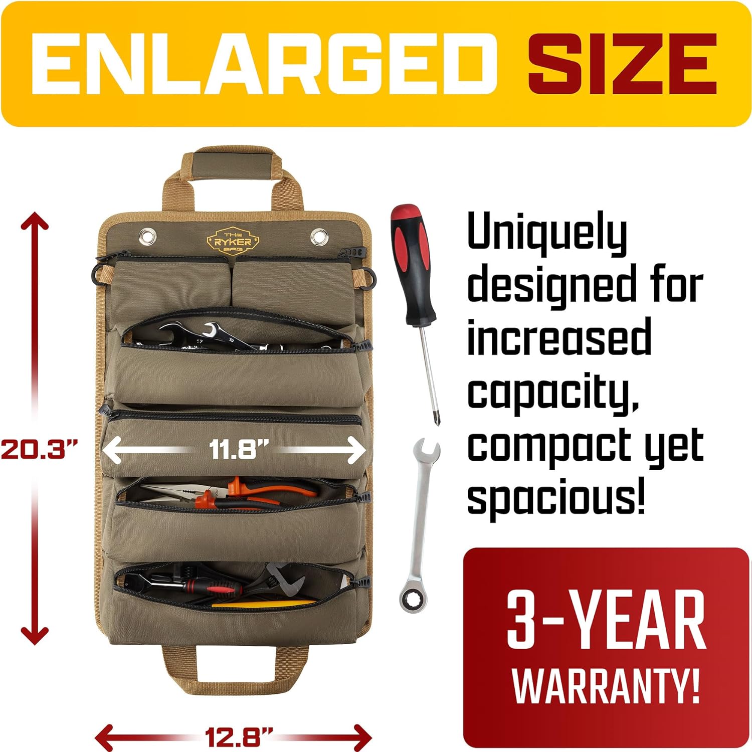 Ryker Heavy Duty Roll Up Tool Bag Organizer w/Detachable Pouches, Gift for Men