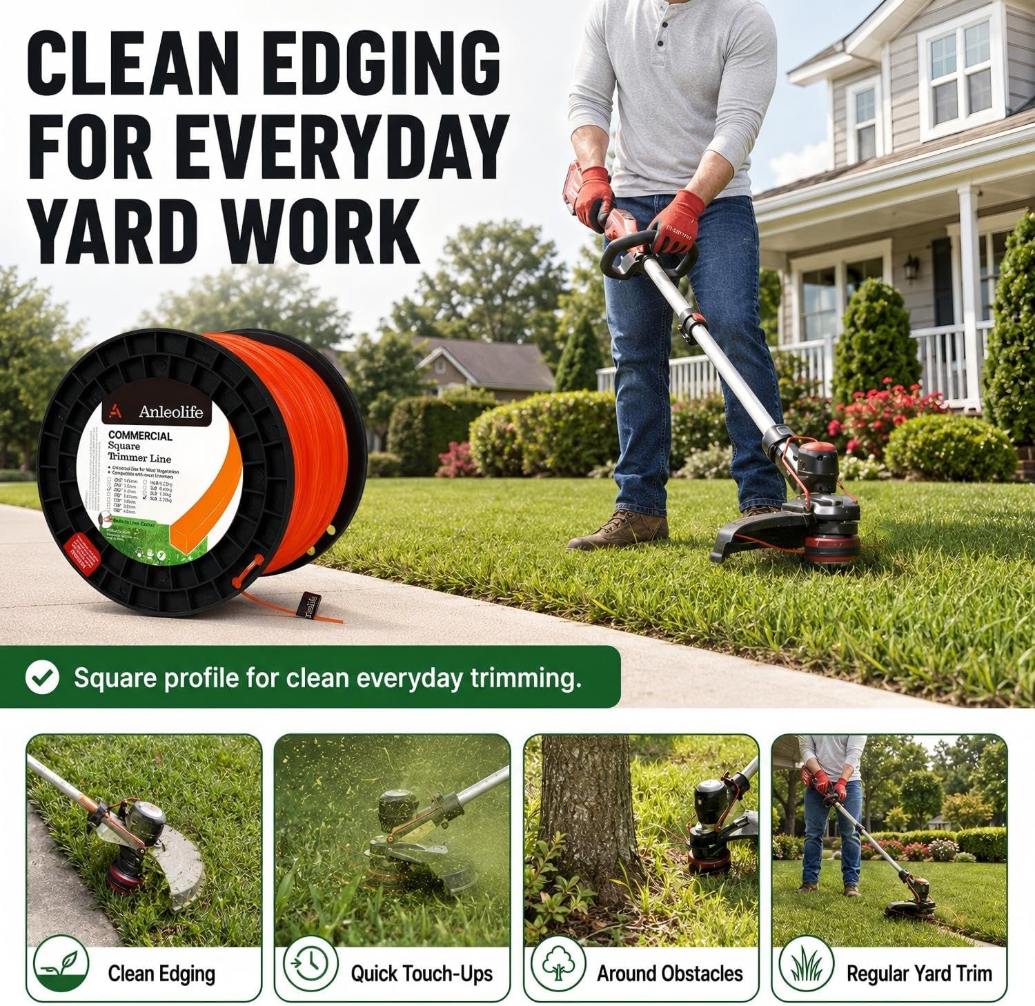 Anleolife .095" Commercial Square String Trimmer Line for Weeds, 1280ft 5lb