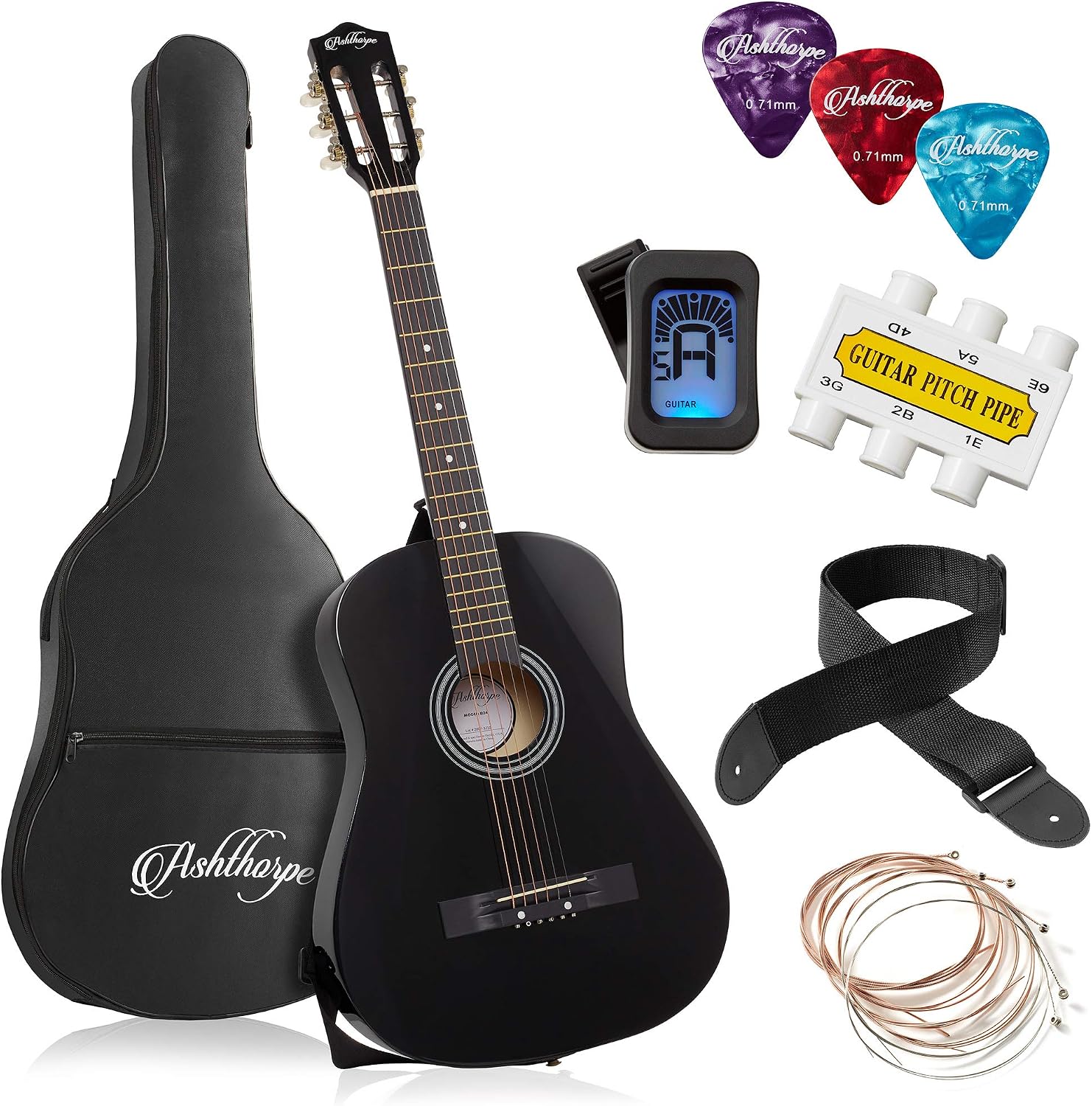 Ashthorpe 38-inch Beginner Acoustic Guitar (Black), Starter Kit with Gig Bag, Extra Strings, Strap, Picks, and Lessons