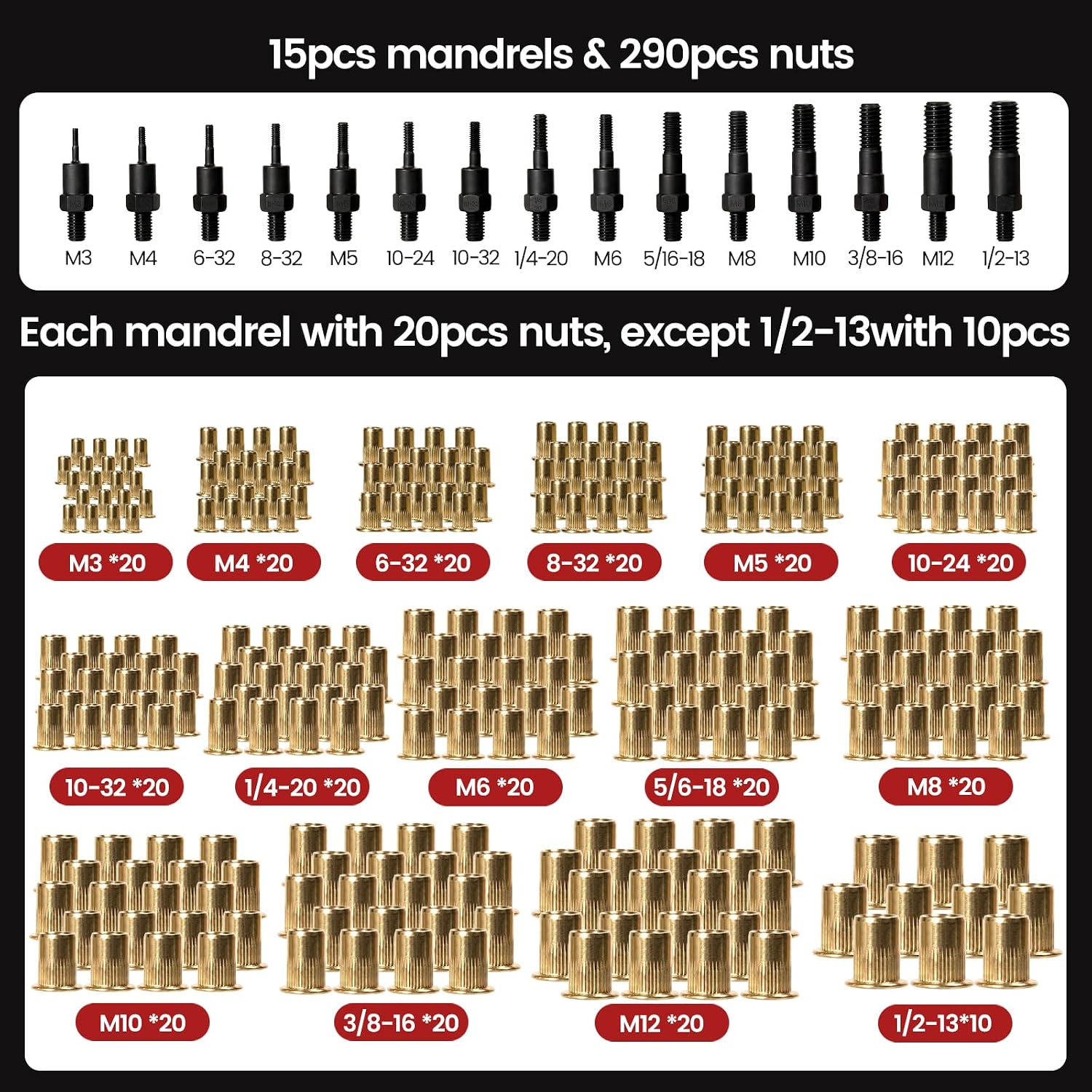 Rivet Nut Tool Kit, 16" Rivnut Tool with 15 Mandrels & 290 Rivet Nuts
