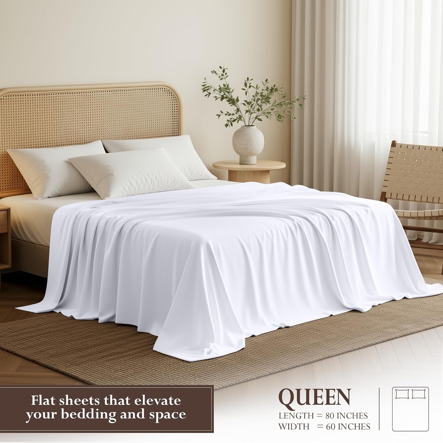 Queen Size Flat Sheet Only, Ultra Soft & Breathable Hotel Sheets, White