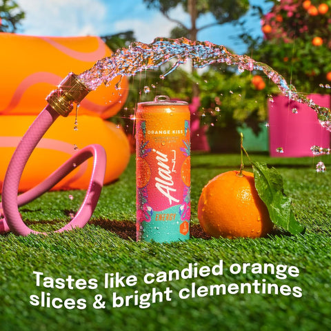 Alani Nu ORANGE KISS, Sugar Free, Low Calorie Energy Drinks, 200mg Caffeine, Biotin, B Vitamins, Zero Sugar, 10 Calories, 12 Fl Oz Cans, 24 Pack
