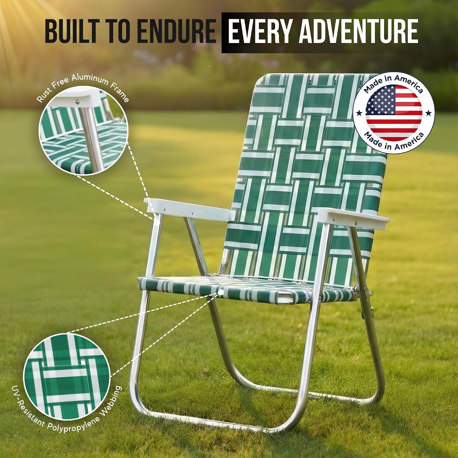 Lawn Chair USA Folding Aluminum Outdoor Patio Lawn Chair | Heavy-Duty Webbed Chairs for Camping, Sports, Beach, Yard & Tailgating | Lightweight Portable | Classic - Green and White with White Arms