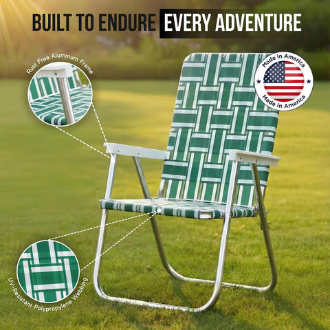 Lawn Chair USA Folding Aluminum Outdoor Patio Lawn Chair | Heavy-Duty Webbed Chairs for Camping, Sports, Beach, Yard & Tailgating | Lightweight Portable | Classic - Green and White with White Arms