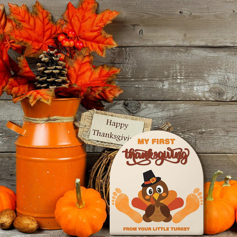 Beeveer Baby's First DIY Footprint Art Wooden Milestone Card Keepsake Little Boo Sign Nursery Decorative Ornaments for Baby Shower Newborn Photoshoot Prop (Thanksgiving Turkey)