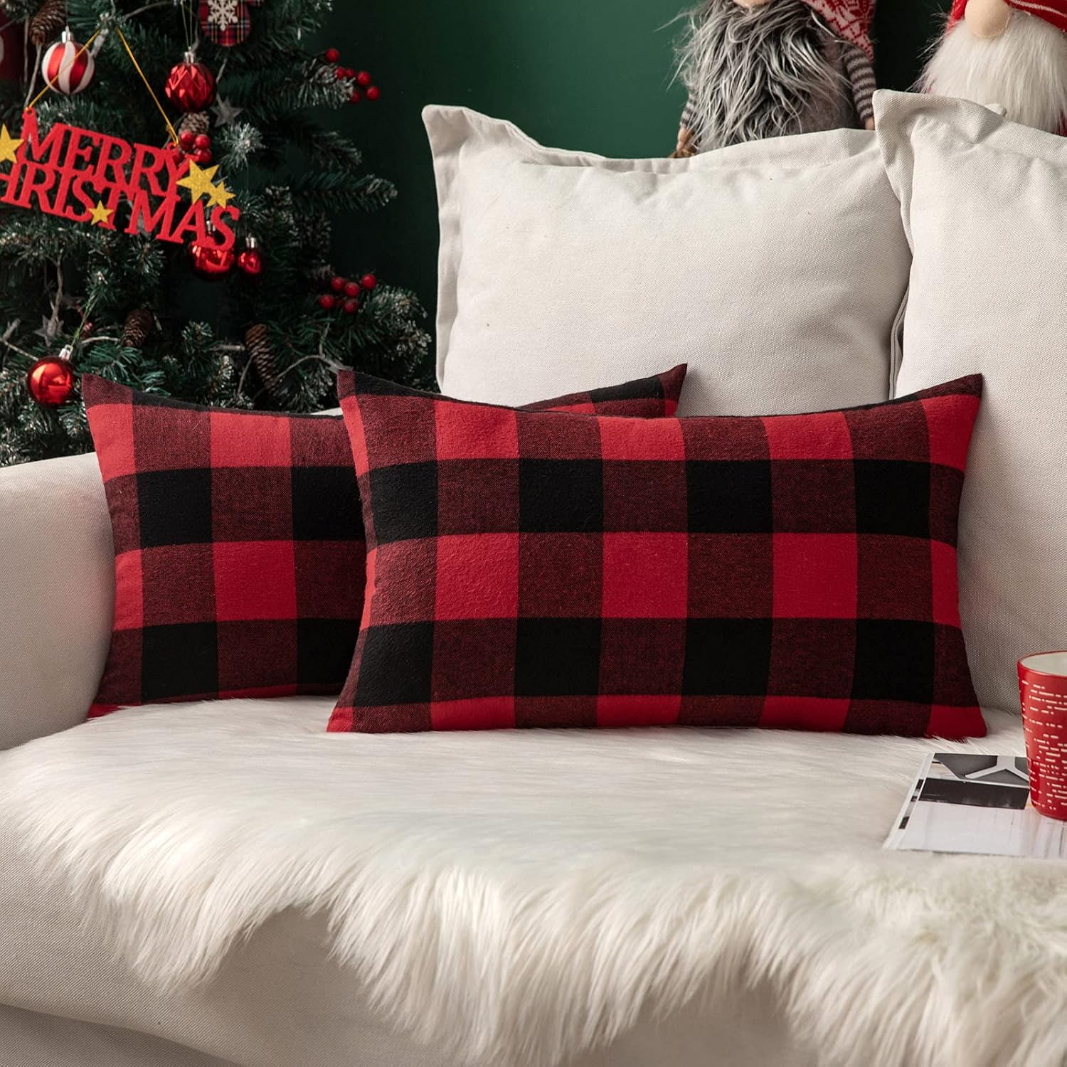 MIULEE Christmas Plaid Lumbar Pillow Covers 12x20 Black and Red Pack of 2