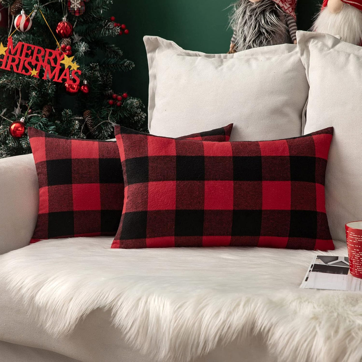 MIULEE Christmas Plaid Lumbar Pillow Covers 12x20 Black and Red Pack of 2
