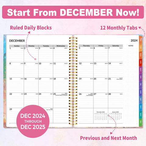 SUNEE 2025 Weekly and Monthly Planner - from January 2025 - December 2025, 8.5"x11" Daily Agenda Planner with Monthly Tab, Flexible Cover, Note Pages, Pockets, Bookmark, Spiral Binding, Marble