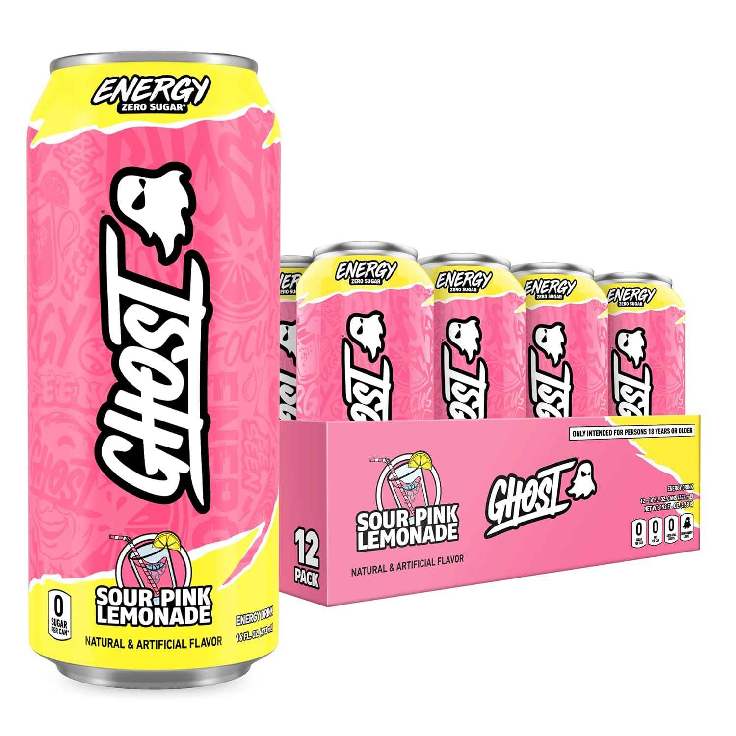 GHOST Energy Drinks, Zero Sugar, 12-Pack, Sour Pink Lemonade, 16oz | Energy & Focus Pre Workout Drink, No Artificial Colors, Gluten-Free, Vegan - 200MG Natural Caffeine, L-Carnitine, Taurine