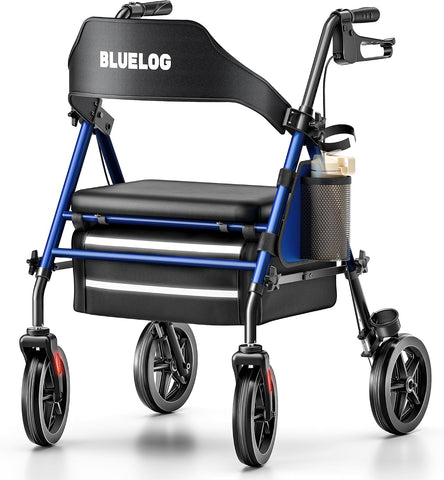 Bluelog Rollator Walkers with Seat Cup Holder & Cane Holder, Blue