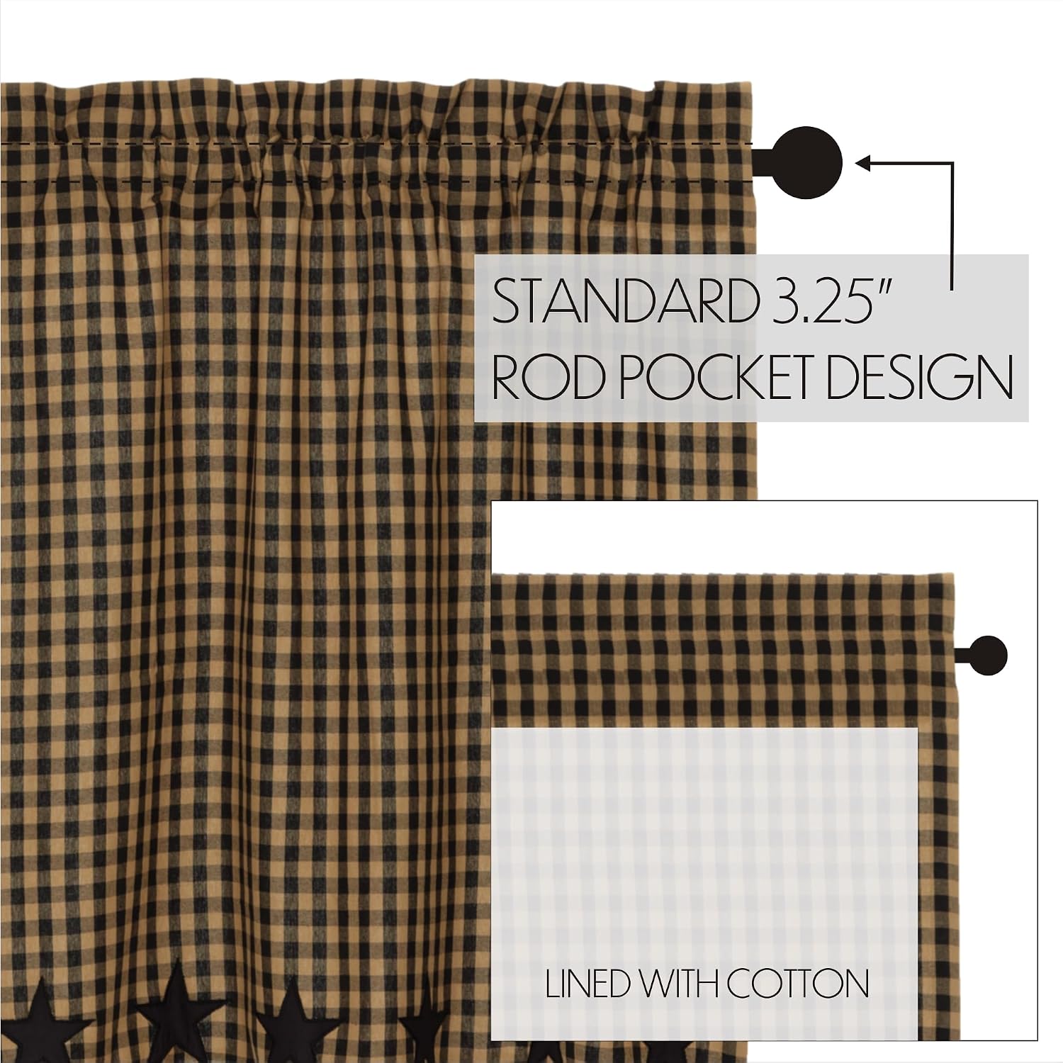 VHC Brands Star Cotton Primitive Kitchen Curtains Rod Pocket Appliqued 16x60 Valance, Raven Black