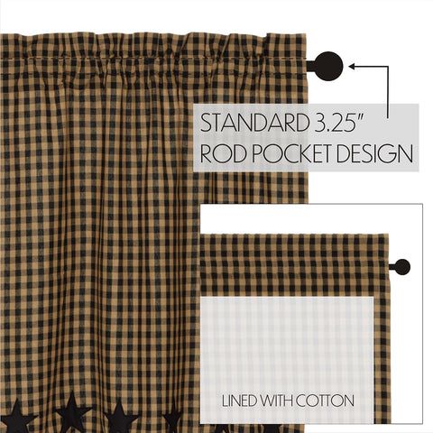 VHC Brands Star Cotton Primitive Kitchen Curtains Rod Pocket Appliqued 16x60 Valance, Raven Black