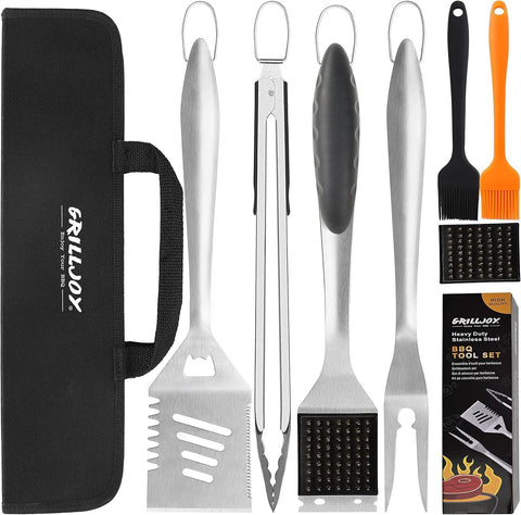 grilljoy 8PCS BBQ Grill Tools Set with Extra Thick Stainless Steel Spatula, Fork, Tongs & Cleaning Brush - Complete Barbecue Accessories Kit with Portable Bag - Perfect Grill Gifts for Father's Day