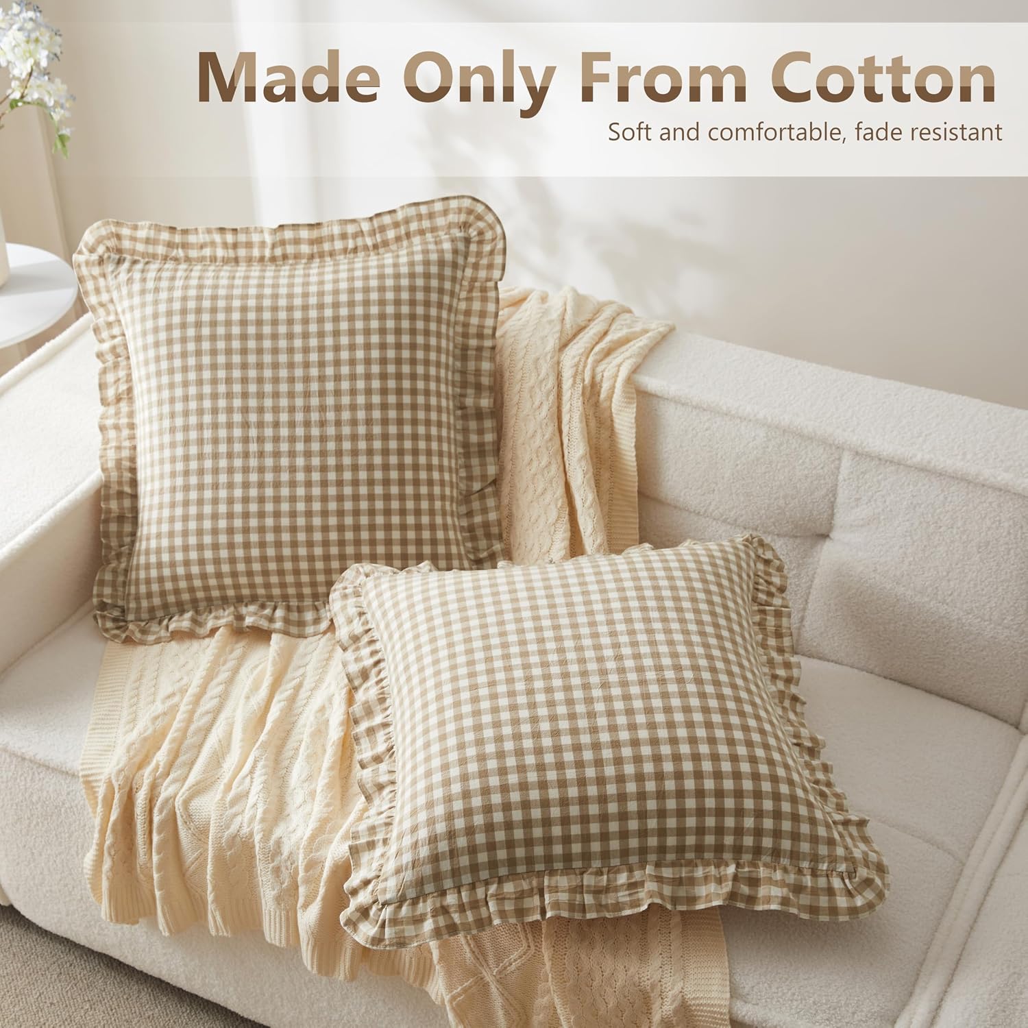 KKJIAF 2 Pcs Ruffle Gingham Pillow Covers 18" x 18", Taupe/White Plaid