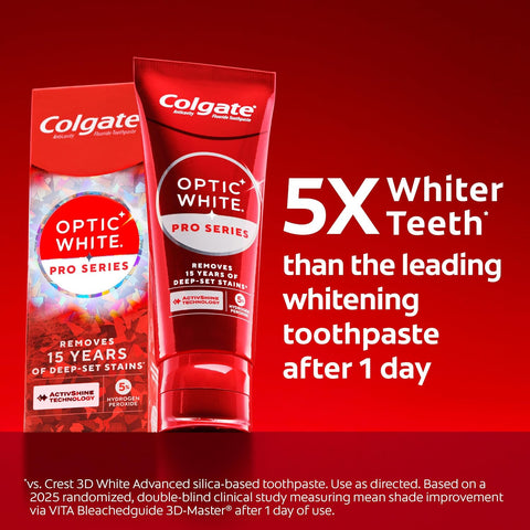 Colgate Optic White Pro Series High Impact White, 3 Pack, Teeth Whitening Toothpaste with 5% Hydrogen Peroxide and ActivShine, Brilliant Mint Flavor, 3.0 OZ